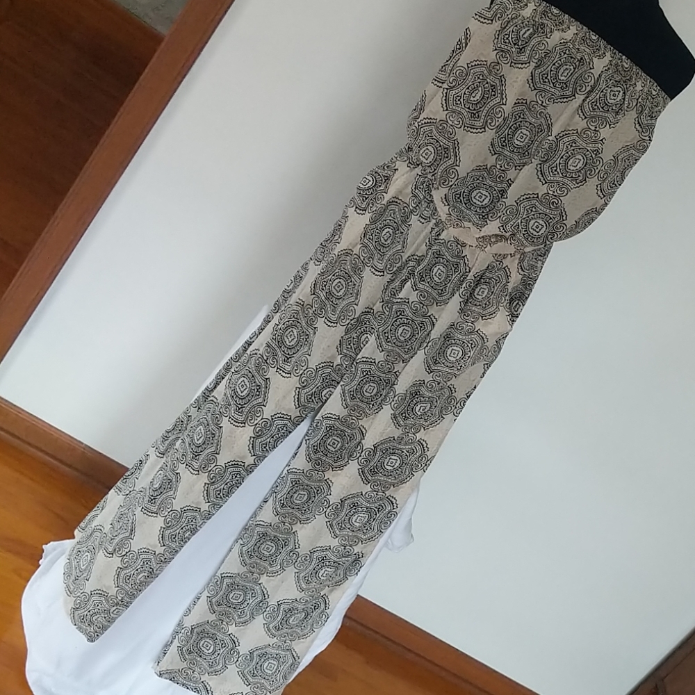 Print Tan and Black Strapless Jumpsuit